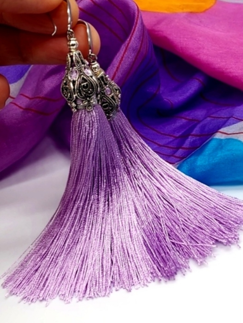❤️ Lilac Silk Tassel Silver Earrings Hypoallergenic Free People Jewelry